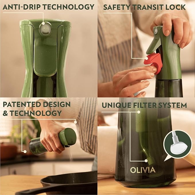 FLAIROSOL OLIVIA Signature Oil Sprayer for Cooking, 2 Pack Green Glass Olive Oil Sprayer, 200ML Oil Dispenser for Kitchen, Continuous Oil Spray Bottle with Portion Control for Air Fryer, Salad, BBQ