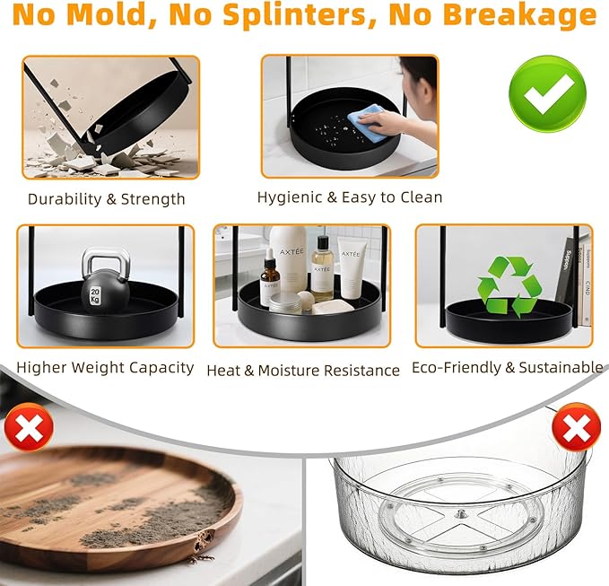 2 Tier Metal Lazy Susan Organizer, 12 Inch Rotating Turntable Double Lazy Susans for Cabinet Kitchen Bathroom, Anti-Rust Two Tiered Spinner Tray Carousel Organizer for Spice Rack Countertop Black