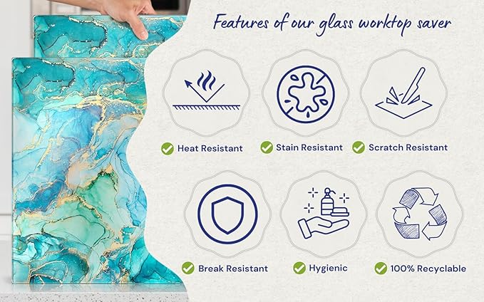 Kitchenville Glass Cutting Board 20”x16”: Tempered Glass Kitchen Counter Protector - Durable- Scratch-Resistant, Heat-Proof - Design 9 - Teal Ocean
