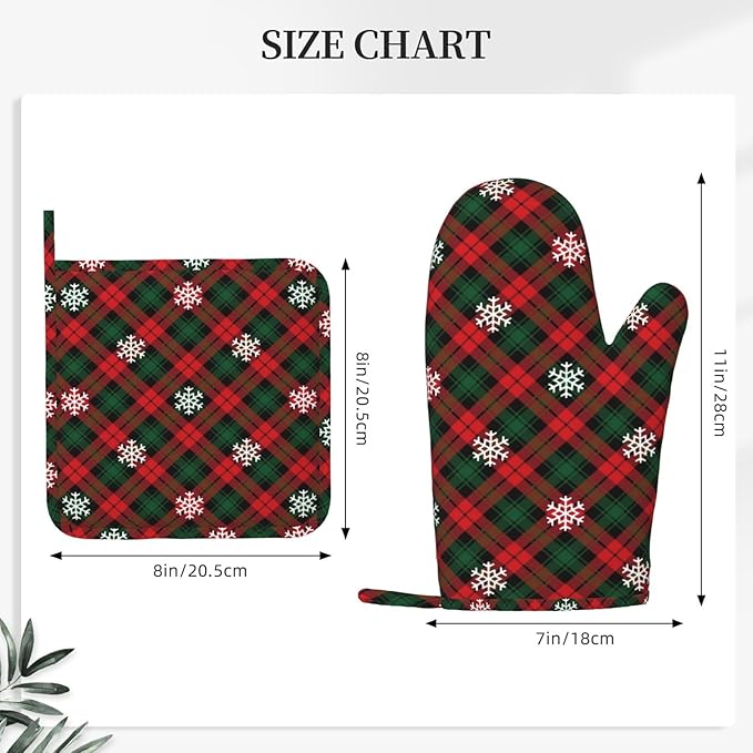 Red Green Plaids Oven Mitts and Pot Holders Set, 4pcs Retro Christmas Plaid Silicone Oven Glove for Kitchen Heat Resistant Oven Mitts and Potholders Non-Slip for Cooking
