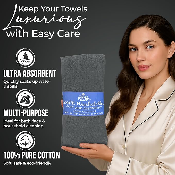 DAN RIVER 24 Pack Wash Cloths for Showering [12x12] - 100% Cotton Washcloths Premium Quality Flannel Face Cloths for Bathroom, Highly Absorbent and Soft Feel Wash Clothes, Gray