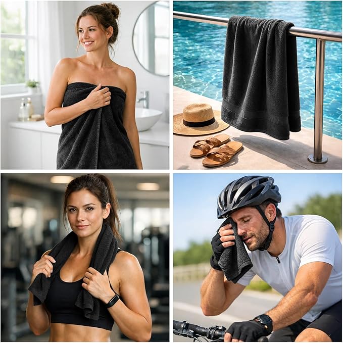 DAN RIVER 8 PC Luxury Bath Towels for Bathroom, 2 Bath, 2 Hand, and 4 Wash Cloths, 600 GSM 100% Ring Spun Cotton Towel Set, Highly Absorbent, Gym, Hotel, and Spa, Black
