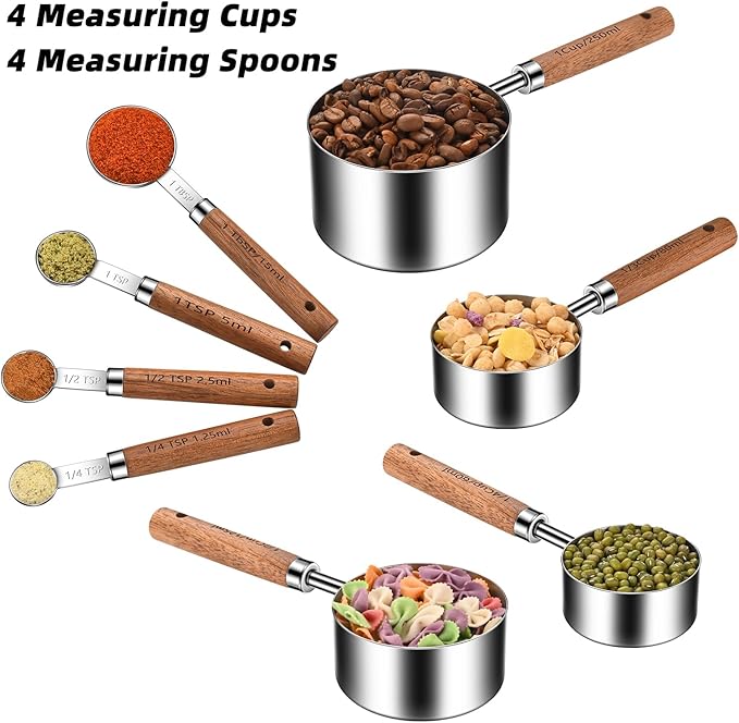 Wooden Handle Measuring Cups and Spoons Set 304 Stainless Steel Metric and US Measurements, Stackable Cups and Spoons, Fits for Measuring Dry and Liquid Ingredients