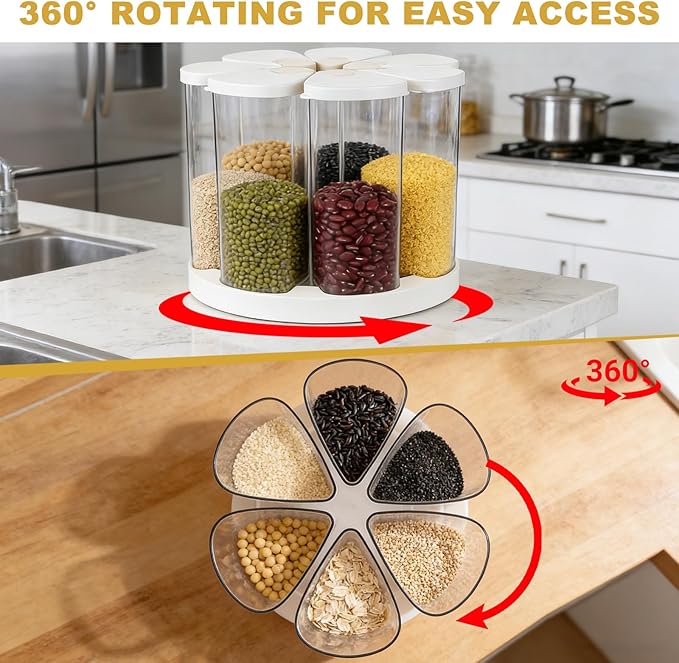 5-10 lbs Rice Dispenser 6 Grids 360° Rotating Cereal Dispenser Countertop BPA-Free PET Grain and Rice Storage Container with Lids Dry Food Dispenser Grain Canister Sets for Oats Flour Corn Flakes
