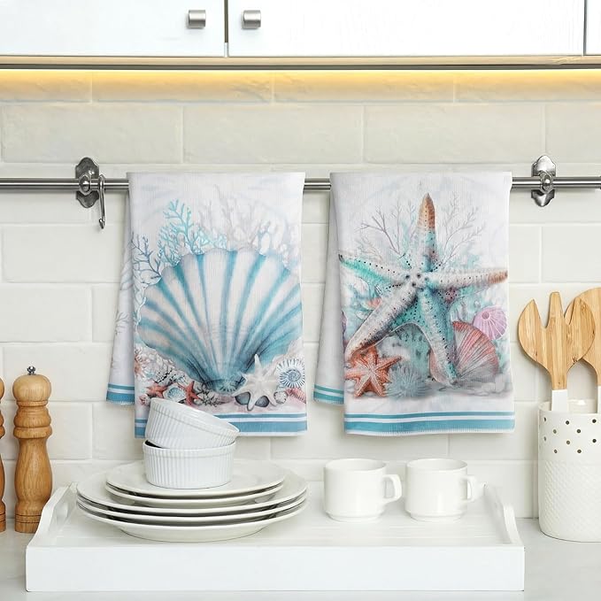 Jingmore 6 Pcs Kitchen Decor Set Accessorie Farmhouse Kitchen Towels Pot Holders and Oven Mitts Set 2 Dish Towels 2 Pot Holders 2 Cooking Mitten Oven Glove for Cooking(Blue,Coastal Starfish Shells)