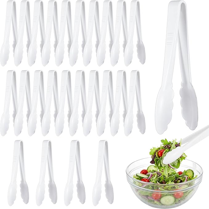 Tessco for you 25 Pcs Plastic Tongs for Serving Bulk, 9 Inch Plastic Disposable Serving Tongs, Heavy Duty Salad Tong for Kitchen, Buffet, BBQ, Events & Catering (White)