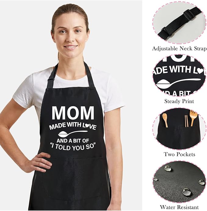 Black Baking Aprons for Women, Adjustable Cooking Baking Kitchen Aprons for Mom Chef with Pockets