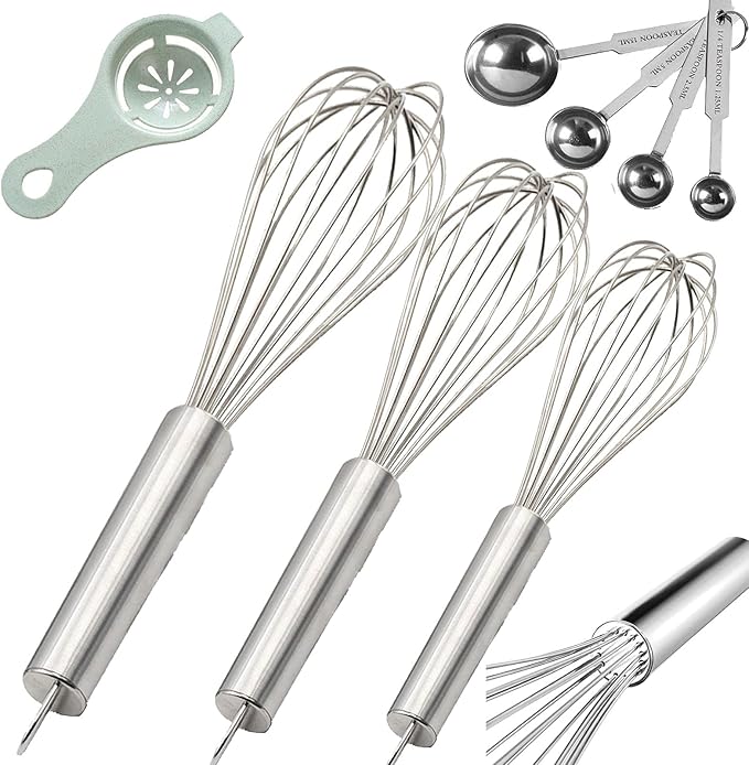 Stainless Steel Whisk, Whisk Set with Measuring Spoon and 8"+10"+12" Wire Whisk for Cooking Blending, Beating, Stirring, Baking (5 Pack Silver)