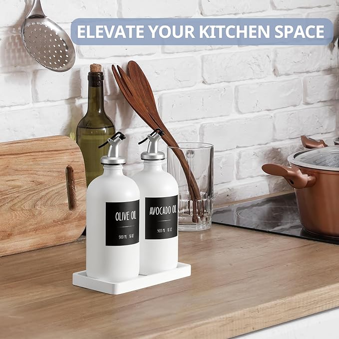 Olive Oil Dispenser Bottle for Kitchen, 16oz Glass Oil and Vinegar Dispenser Set with Wood Tray & 54 Labels - White Cooking Oil Bottles for Kitchen - Coffee Syrup Dispenser - Set of 2