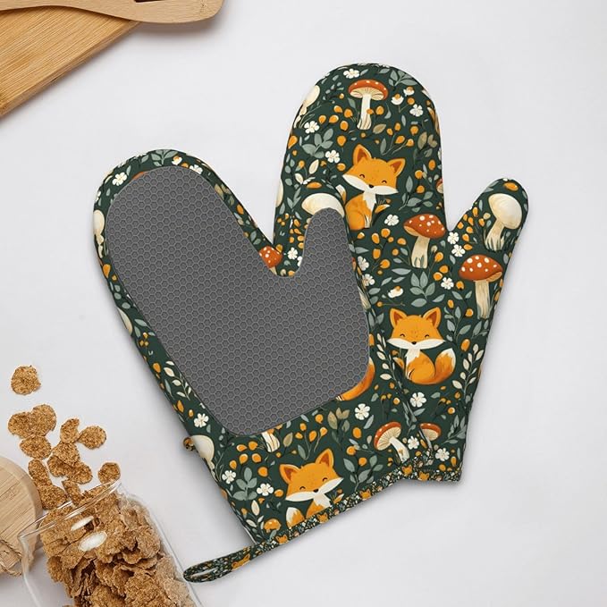 Fox Silicone Oven Mitts Set of 2, Heat Resistant up to 500°F, Kitchen Oven Gloves with Non-Slip Grip and Soft Cotton Lining for Baking, Cooking and BBQ