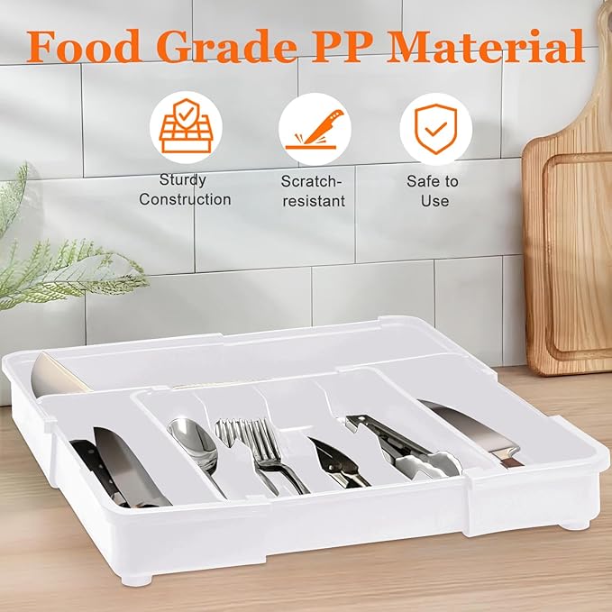 Spaclear Silverware Organizer - Expandable Kitchen Drawer Organizer, BPA-Free Food-Safe Utensil Drawer Organizer with 7 Compartments, Deep Cutlery Tray for Forks, Knives, White