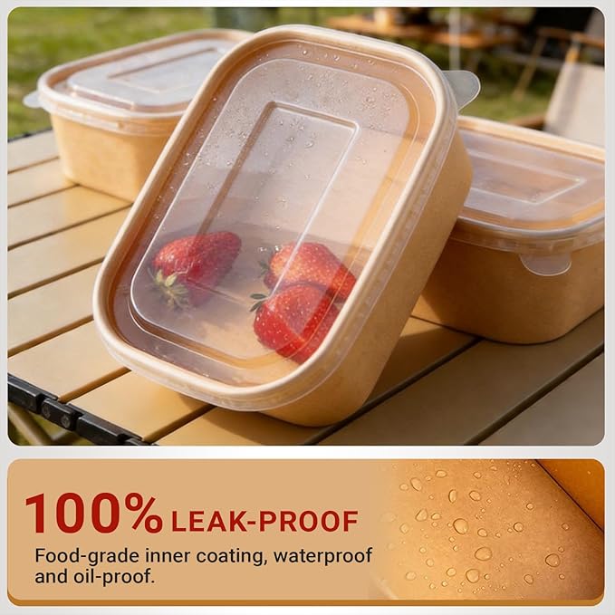 25 oz Disposable Bowls with Lids, 200 Sets Kraft Paper Bowls Square, Disposable Meal Prep Food Container with Sealing Lid, Microwave Safe Leakproof is Perfect for Party Lunch Hot Soup