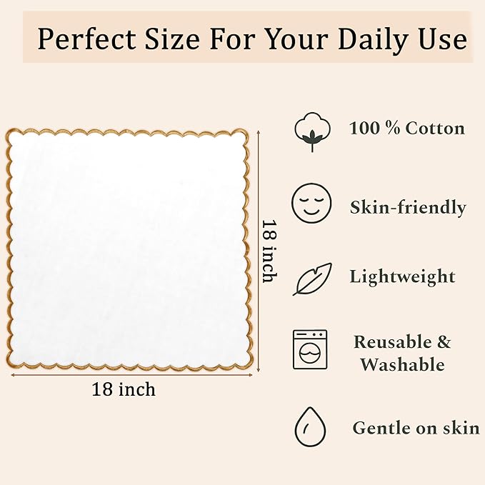 Ridhi Cloth Napkins 100% Pure Cotton Farmhouse Wedding Dinner Napkins for Halloween, Thanksgiving, Holiday Daily Wedding uses Napkins (4-18" x 18" White with Champagne Gold Edge)