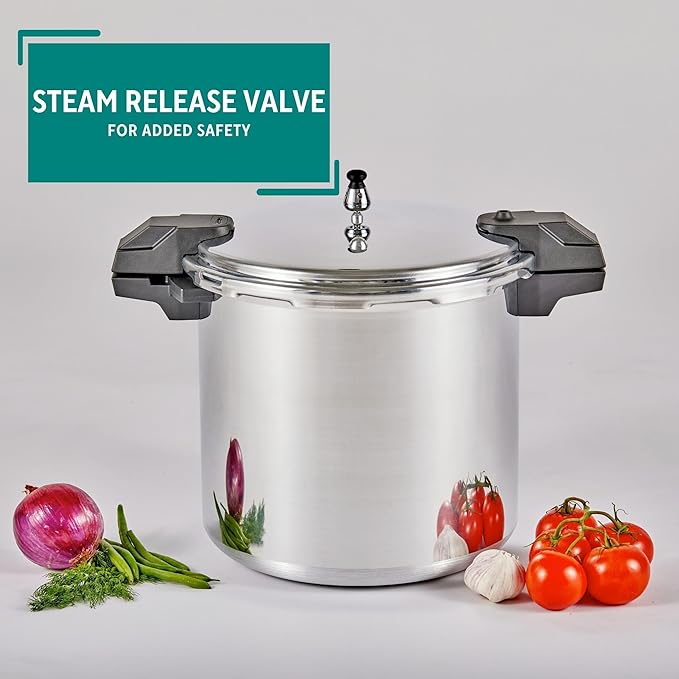 MIRRO 22qt Aluminum Pressure Canner with 3 Regulators & double Cooking Racks, 5/10/15 PSI