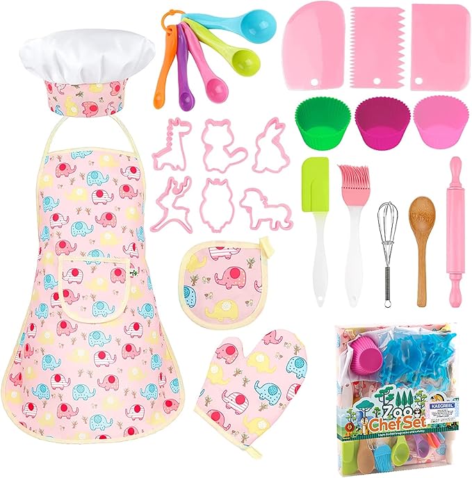 KAEGREEL Elephant Baking Chef Set for Kids, 26 Pcs Kids Cooking Set with Elephant Apron & Hat, Chef Supplies Kitchen Toys Dress Up Role Play Gifts for Girls Boys Aged 3-8