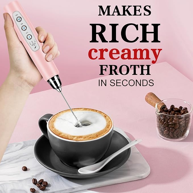 BSRGMS Milk Frother Handheld for Coffee, Electric Whisk 3 Speed Adjustable, Drink Mixer with Stainless 3 Whisks, Rechargeable Hand Frother Wand, Foam Maker for Latte Cappuccino Hot Chocolate Egg Pink