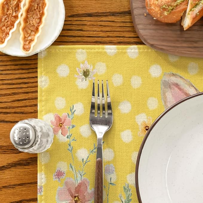 Artoid Mode Yellow Bunny Polka Dot Easter Placemats Set of 4, 12x18 Inch Flower Seasonal Spring Holiday Table Mats for Party Kitchen Dining Decoration