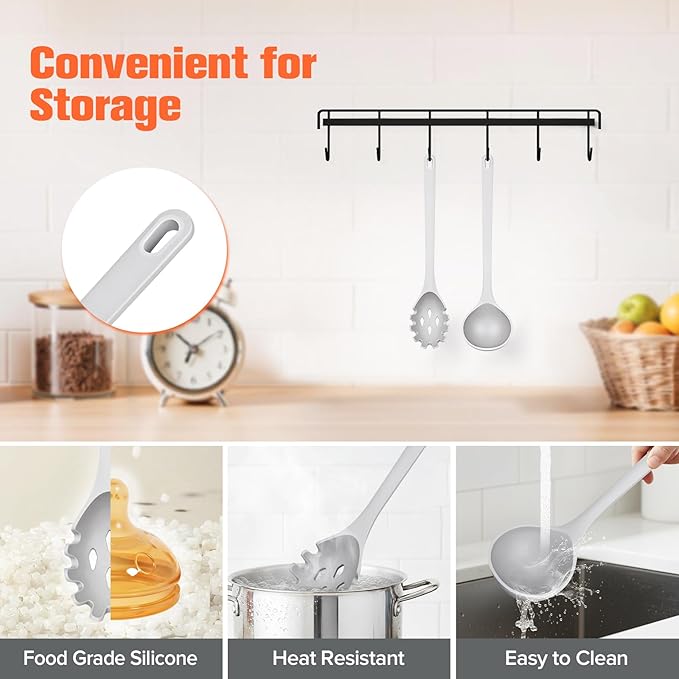 Silicone Spaghetti Spoon&Soup Ladle Cooking Utensils Set of 2,No Scratch for Nonstick Cookware,BPA Free, 450℉ Heat Resistant (GRAY)