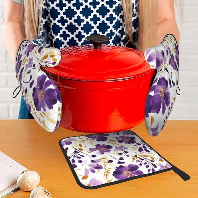 Spring Purple and Gold Floral Oven Mitts and Pot Holders Sets of 3, Non-Slip Heat Resistant Watercolor Flower Design Kitchen Gloves, Gifts for Women Cooking, Elegant Kitchen Decor for Baking Cooking