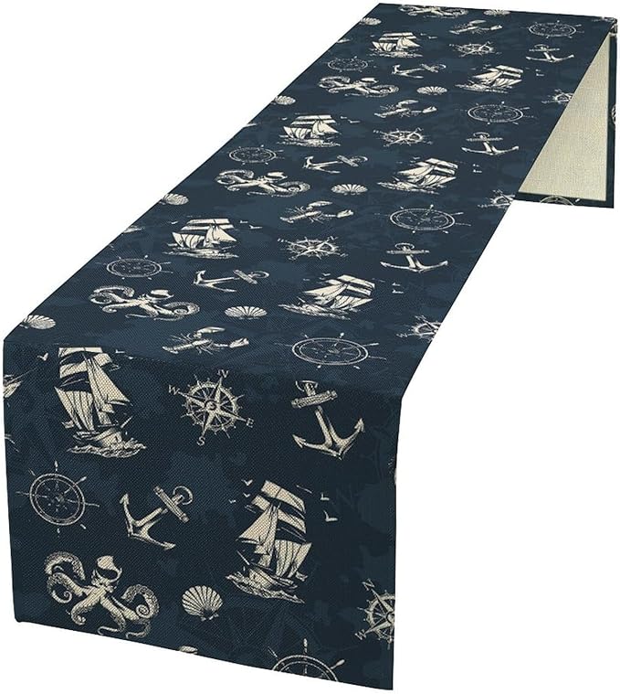 Nautical Coastal Table Runners Ocean Sailboat Table Runners for Dining Room Starfish Blue Teal Dinner Runner Kitchen Indoor Outdoor Patio Party Decor Fabric 1 Panel W13xL120in