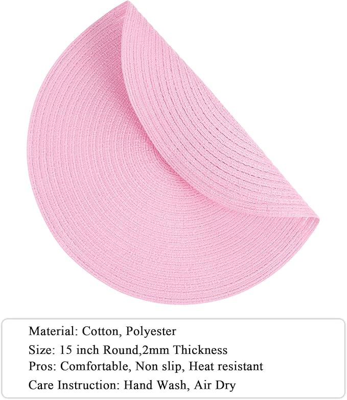 SHACOS Round Braided Placemats Set of 4 Washable 15 inch Round Table Mats for Dining Table Place Mats Home Wedding Party Decor (Pink, 4)