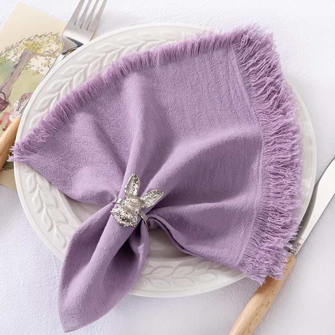 DeZerlor 6 Pack Purple Cotton Linen Napkins with Fringe Spring Cloth Napkins Set of 6 Boho Handmade Dinner Napkins Bulk for Wedding Bridal Baby Shower Parties, 17 x 17 Inches