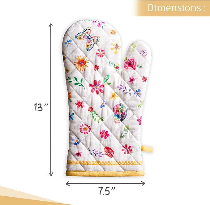 Maison d'Hermine Oven Gloves 100% Cotton Oven Mitt 7" x 13" with Loop Heat Resistant BBQ Cooking Gloves Baking Grilling Gifts for Mothers Day Spring/Summer (Pack of 1, Happy Florals - Sweety)