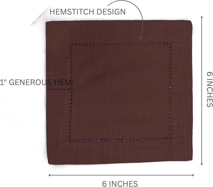 FINGERCRAFT Cocktail Napkins 6 x 6 Inch Premium Quality Cotton, Generous Hemstitch and Mitered Corner Set of 12 Coaster Cloth Chocolate