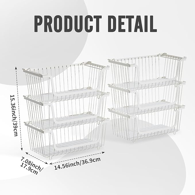 GAOKASE 6 Pcs Stackable Wire Baskets for Pantry Organizers and Storage,Vegetable Fruit Basket for Countertop,Kitchen Storage Metal Baskets,Produce Potato Onion Storage Bin,White
