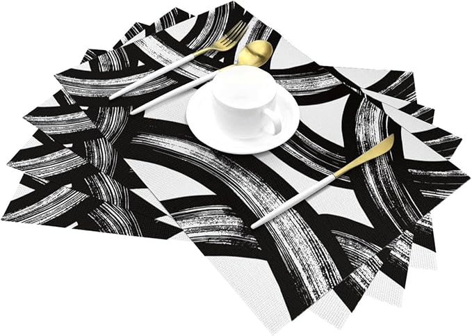 Black and White Curve Patterned Linen Placemats Set of 4, Washable Non-Slip Heat-Resistant Modern Abstract Art Decorative Kitchen Table Mats for Kitchen Dining Table Home Party Farmhouse, Home Decor