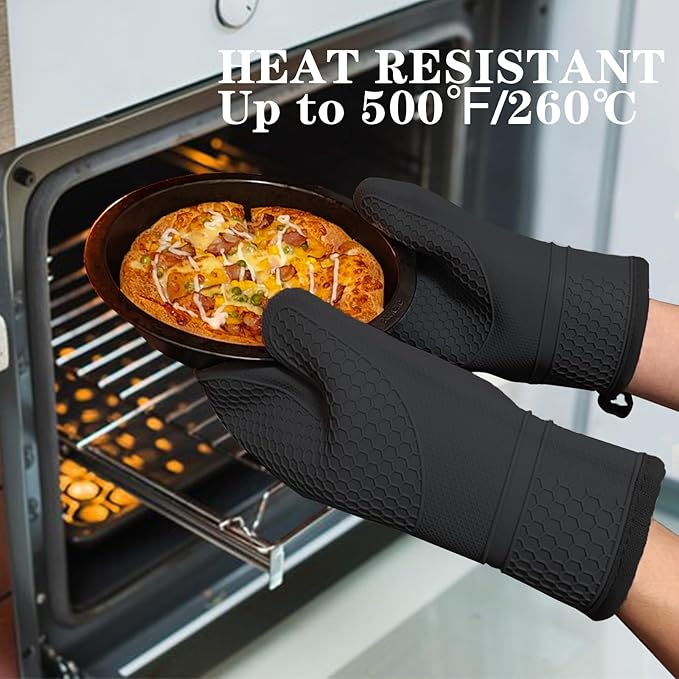 3PCS Silicone Oven Mitts and Pot Holders Sets for Kitchen, Oven Gloves Heat Resistant 500°F, Non-Slip Silicone Potholder 7.1”, Thick Oven Mitts & Thick Hot Pads Protection for Cooking, Black