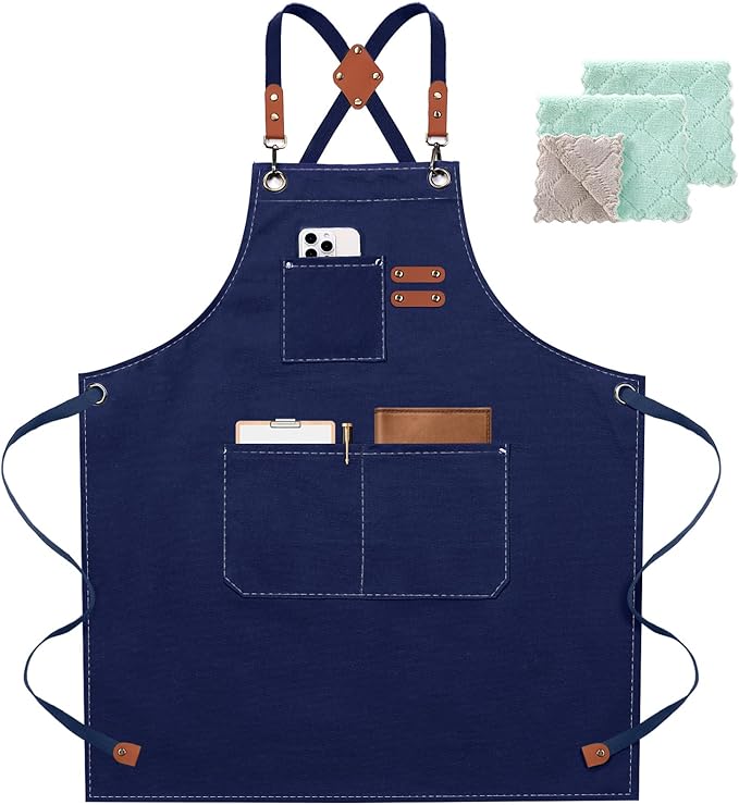 ZOMAO Chef Apron for Women Men with Large Pockets, Cotton Canvas Cross Back Waterproof Work Aprons for Kitchen Cooking Bib