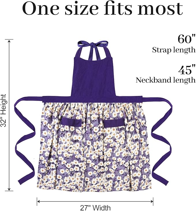 Cute Floral Aprons for Women with Pockets,Cotton Adjustable Neck Strap Apron for Kitchen Cooking Baking Gardening