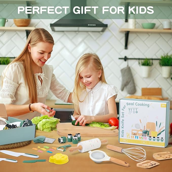 18 PCS Kids Cooking Sets Real, Montessori Kitchen Tools for Toddlers, Cooking & Baking Set for Kids Little Chefs, Toddler Knife Set, Crinkle Cutter, Cutting Board