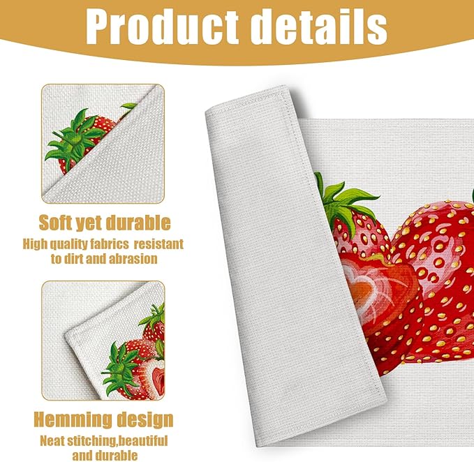 Strawberry Placemats Set of 6, Spring Summer Linen Place Mat Washable Stain Resistant Table Mats for Farmhouse Kitchen Dining Party Wedding Decor 12x18 Inch