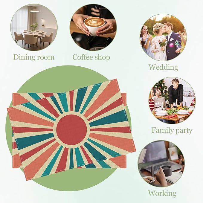 Boho Sun Placemats Set of 6, Washable Heat Resistant Table Mat Linen Place Mats for Party Kitchen Dining Home Decor 12x18 Inch