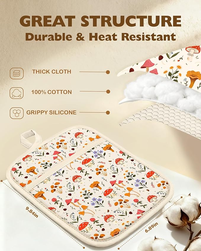 Slohif Silcone Mushroom Pot Holders for Kitchen - 100% Cotton Beige Cute Oven Potholders with Pockets, Heat Resistant Square Thick Hot Pads, House New Home Baking Baker Gifts,2pack