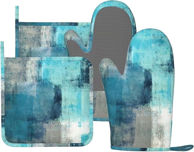 Modern Art Abstract Gery Turquoise Oven Mitts and Pot Holders Sets Silicone Turquoise Kitchen Mitts Potholders Heat Resistant 4Pcs Teal Oven Gloves Hot Pads for Kitchen Baking Cooking BBQ