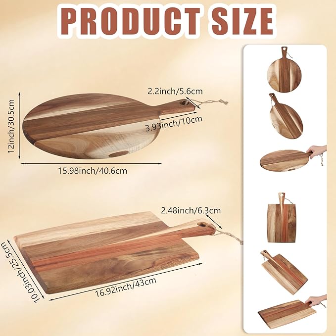Hsei 2 Pcs Acacia Wood Cutting Board with Handle Wooden Charcuterie Board Large Paddle Carving Chopping Set Butter Serving Tray for Cheese Meat Fruit Pizza Bread Baking(Classic Handle)