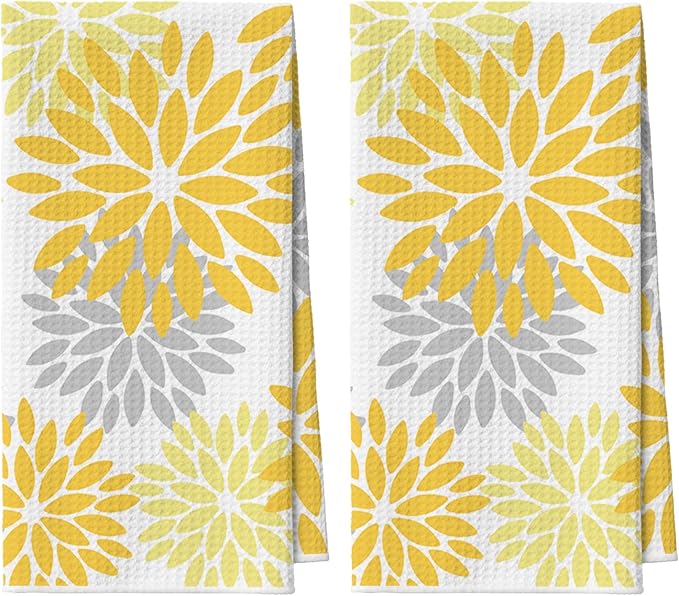 Artoid Mode Yellow Dahlia Floral Bar Kitchen Towels, 12x24 Inch Quick Dry Microfiber Cloth Dish Towels for Kitchen Drying Set of 2