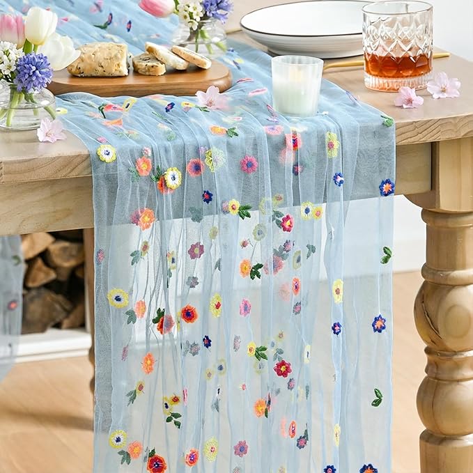 Artoid Mode Sky Blue Wildflower Floral Gauze Embroidery Table Runner 120 Inch 10FT, Tulle Seasonal Spring Kitchen Dining Table Decor for Home Party