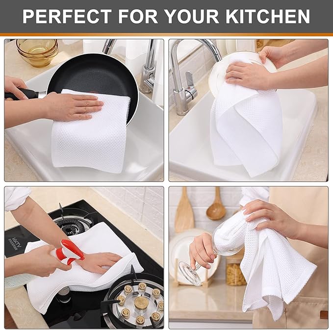 Kitinjoy 100% Cotton Waffle Weave Kitchen Hand Towels (13 X 28 Inches, White), 12-Pack Super Soft and Absorbent Dish Towel for Drying Dishes