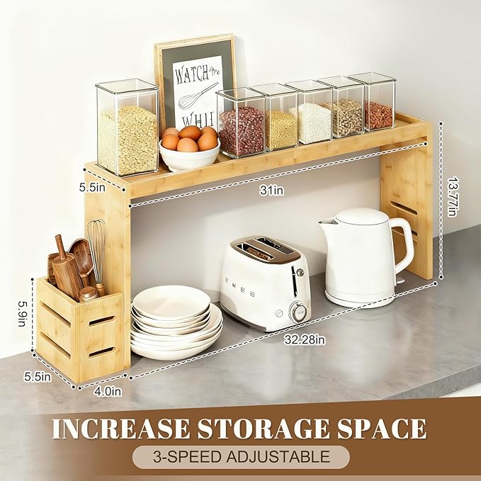 31-inch bamboo stove rack for above the hob, kitchen bamboo spice rack, supports up to 50 pounds. Bamboo stove rack for storing spices and kitchen utensils. (Wood colour)