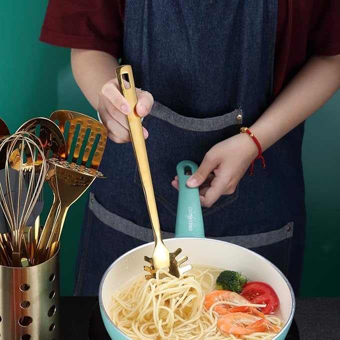 Gold Spaghetti Spoon, Berglander Pasta Server With Titanium Gold Plating, Stainless Steel Spaghetti Server For Cooking, Pasta Fork, Noddle Fork, Dishwasher Safe, Easy to Clean