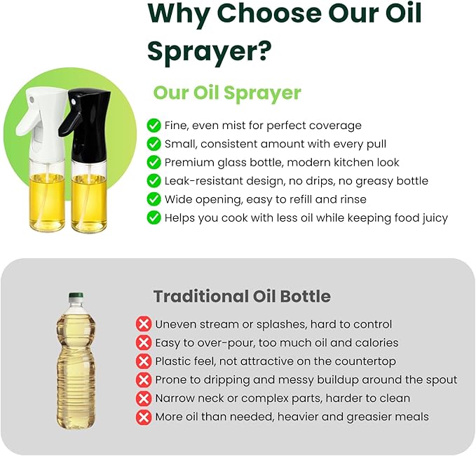 BOKKY Olive Oil Sprayer for Cooking 2 in 1, 220ml Glass Olive Oil Spray Bottle with Continuous Fine Mist, Food Grade Oil Sprayer for Air Fryer, Salad, BBQ, Baking, Frying (Black & White / 2 Pack)