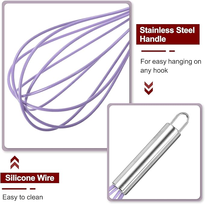 HARFINGTON 5Pcs Silicone Whisk 12" Kitchen Whisk Wire Whisks Beater with Stainless Steel Handle for Egg Milk Whisking Blending Beating & Stirring, Purple
