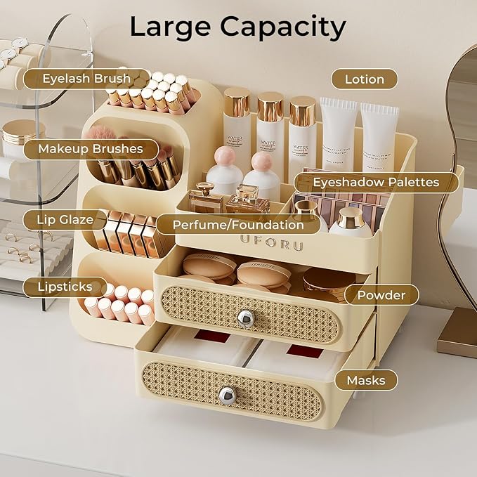 Makeup Organizer for Vanity with Brush Holder, Large Plastic Bathroom Countertop Skincare Organizer with 2 Drawers, Spacious Cosmetic Display Case for Perfumes, Eyeshadow Palettes, Nail Polishes