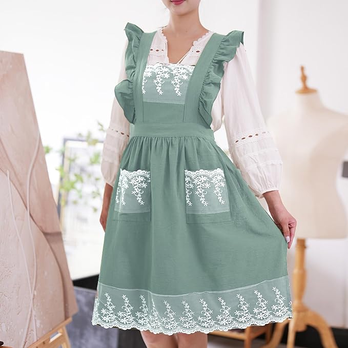 Aoomzoon Vintage Aprons for Women with Pockets Cute Lace Ruffle Adjustable Apron for Cooking Kitchen Baking Gardening
