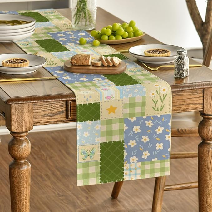Artoid Mode Patchwork Buffalo Plaid Floral 210 GSM Spring Table Runner, Seasonal Summer Kitchen Dining Table Decoration for Home Party Decor 13x72 Inch