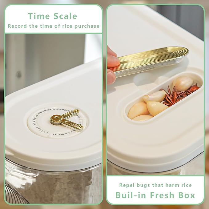 Rice Storage Container 10kg, Clear Food Grain Dispenser with Date Dial & Measuring Cup, Space-Saving Organizer for Rice, Cereal, Pet Food, Pasta